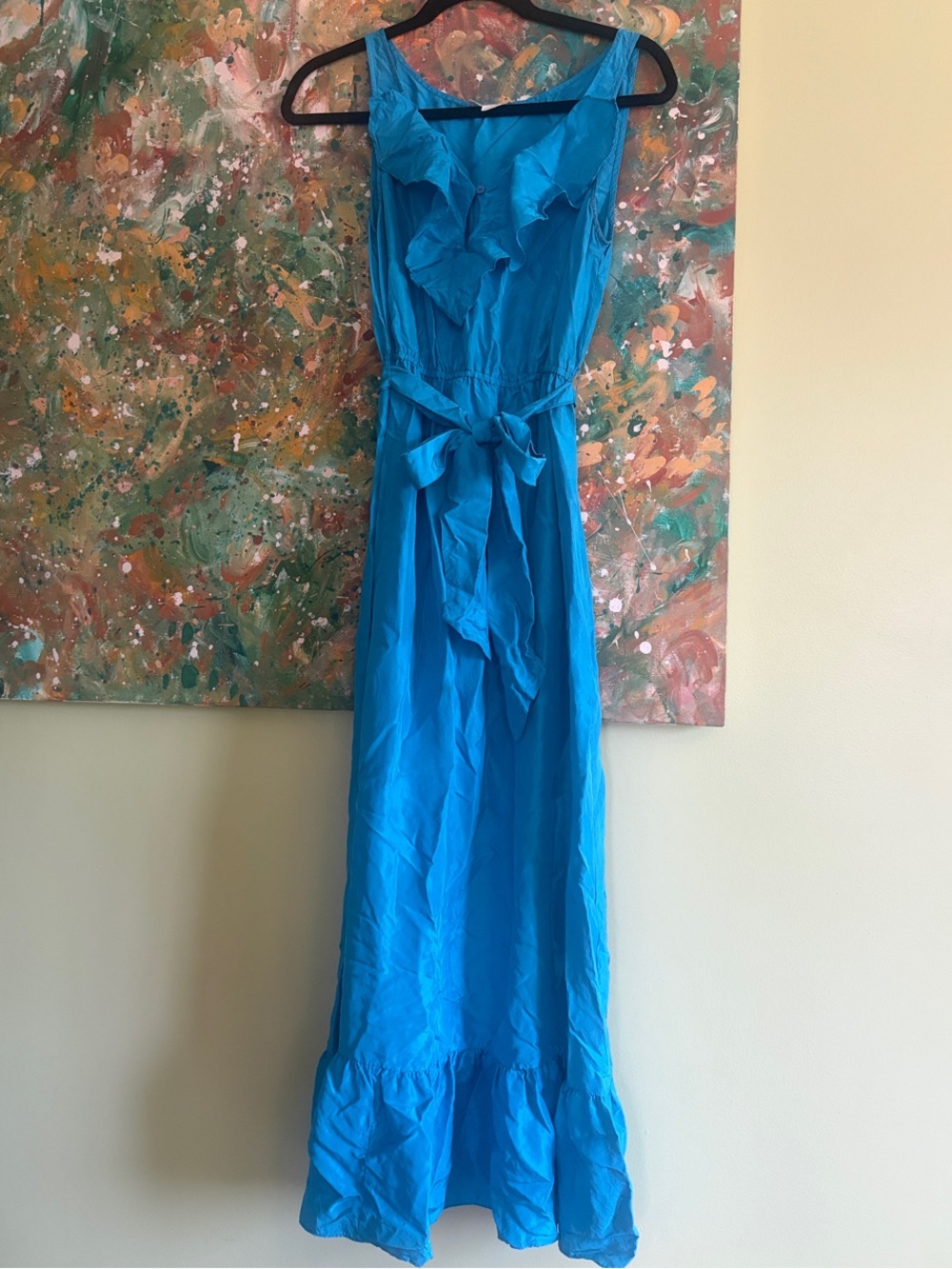 Bright Blue Ruffle-Front Maxi Dress with Self-Tie Waist